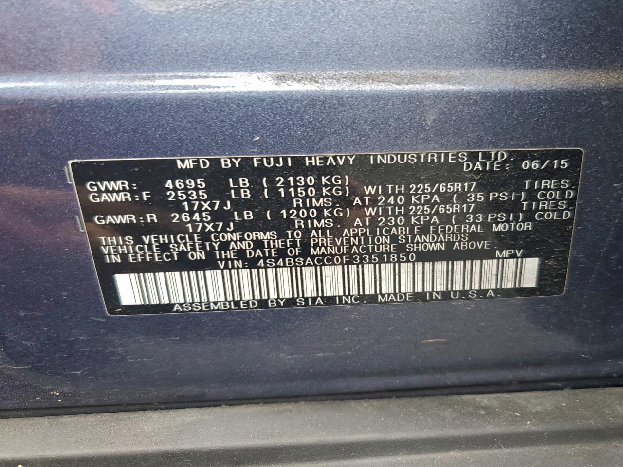 2015 Subaru Outback 2.5I Premium VIN: 4S4BSACC0F3351850 Lot: 94828585