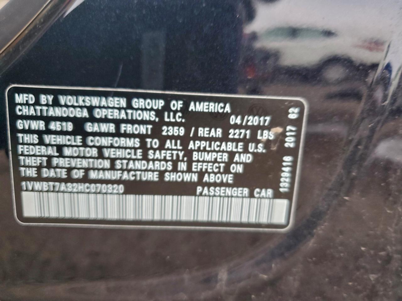 2017 Volkswagen Passat Se VIN: 1VWBT7A32HC070320 Lot: 94121515