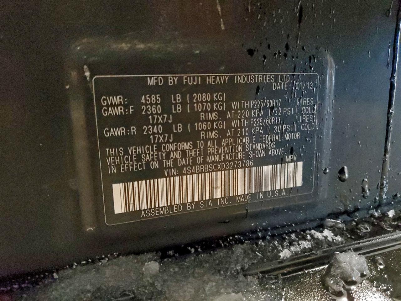 2013 Subaru Outback 2.5I Limited VIN: 4S4BRBSCXD3273786 Lot: 94906195