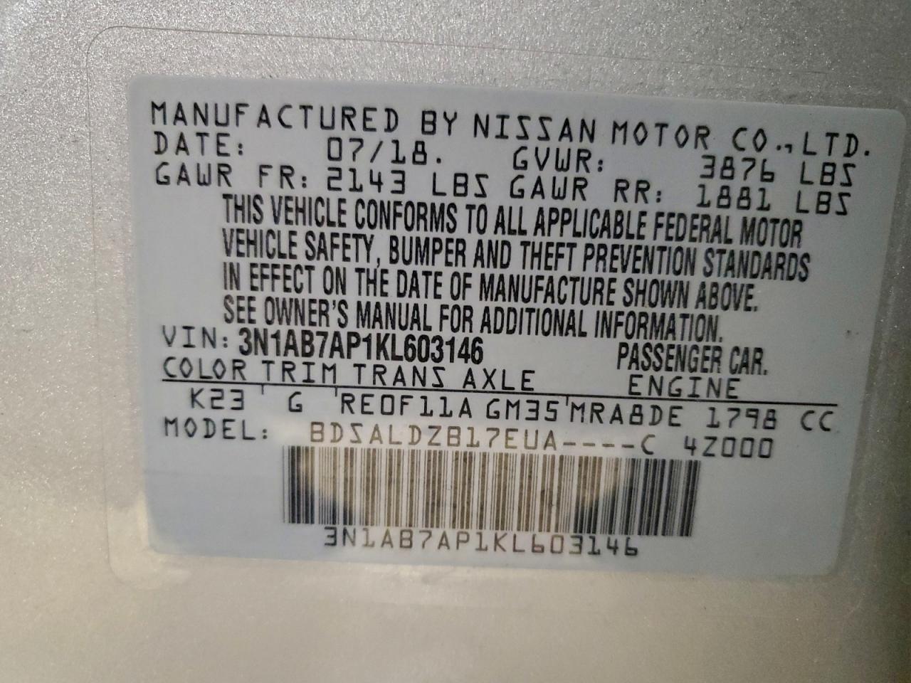 2019 Nissan Sentra S VIN: 3N1AB7AP1KL603146 Lot: 95474405