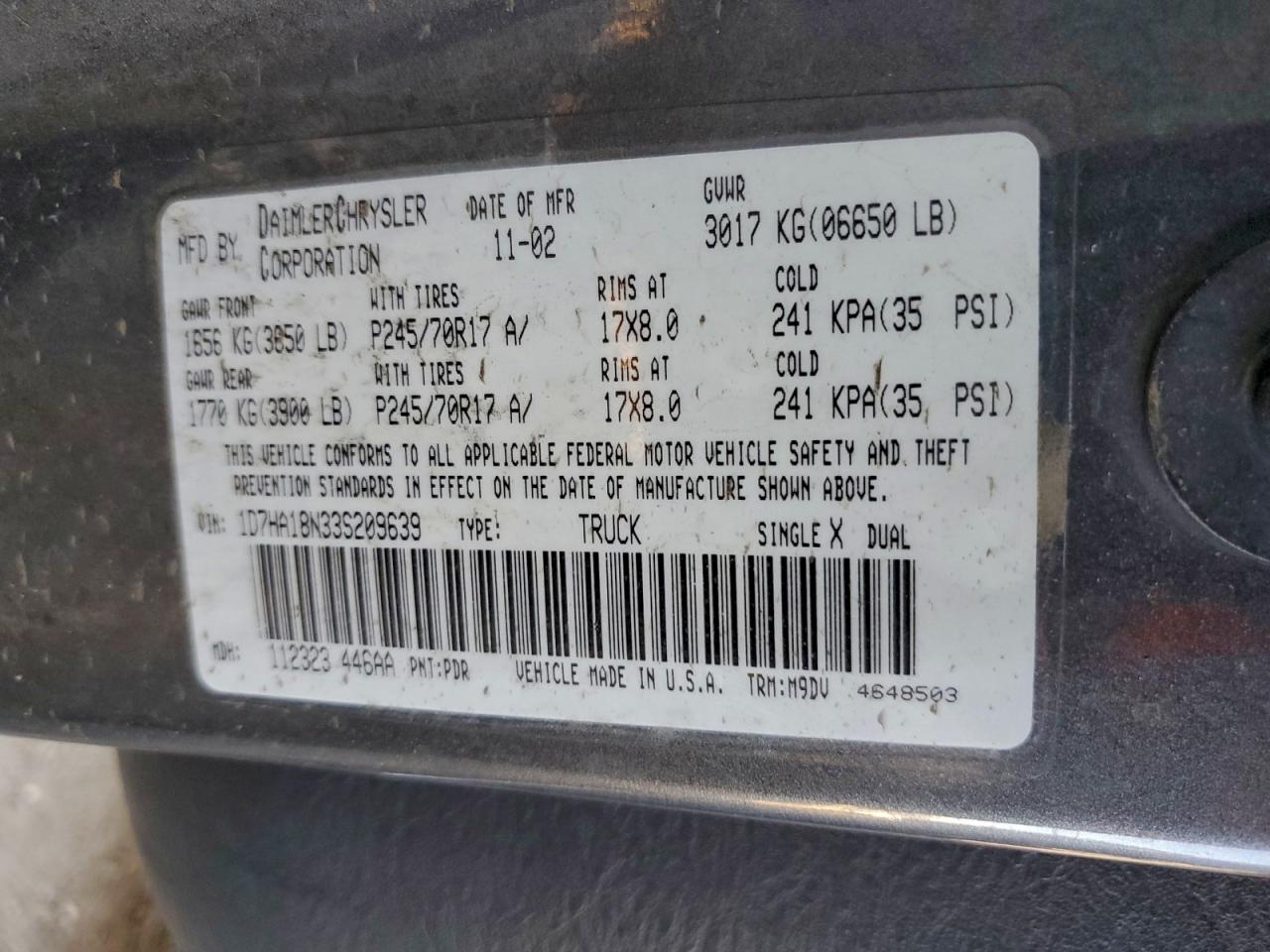 2003 Dodge Ram 1500 St VIN: 1D7HA18N33S209639 Lot: 96140255