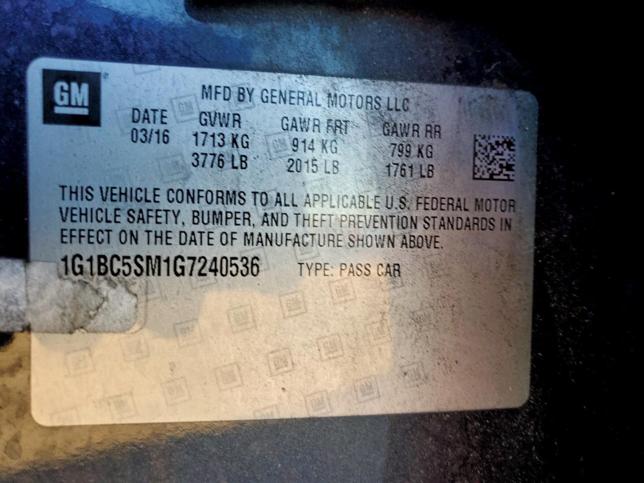 2016 Chevrolet Cruze Ls VIN: 1G1BC5SM1G7240536 Lot: 93775055