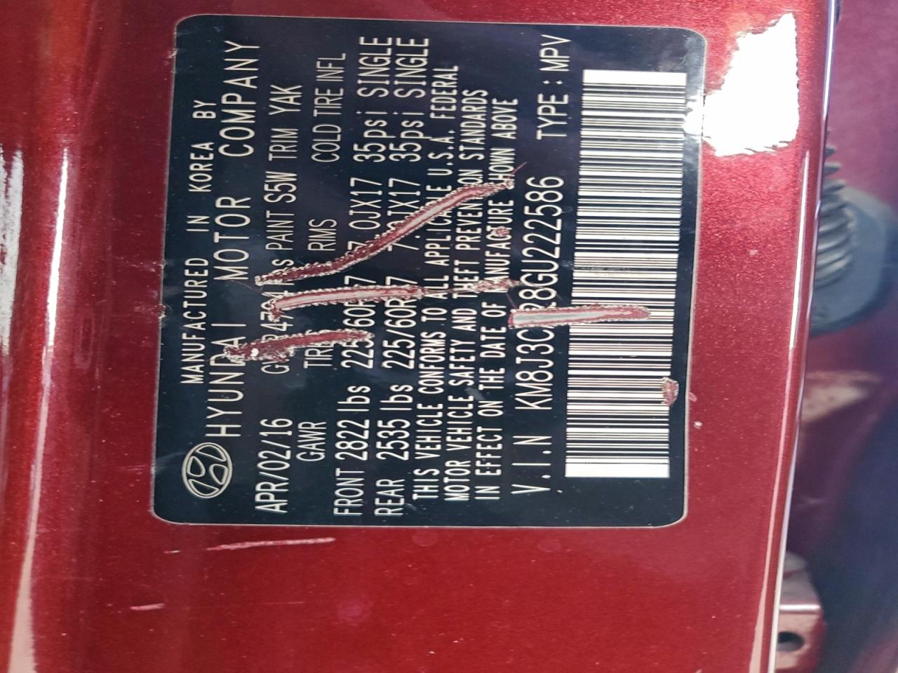 2016 Hyundai Tucson Limited VIN: KM8J3CA28GU222586 Lot: 94894165