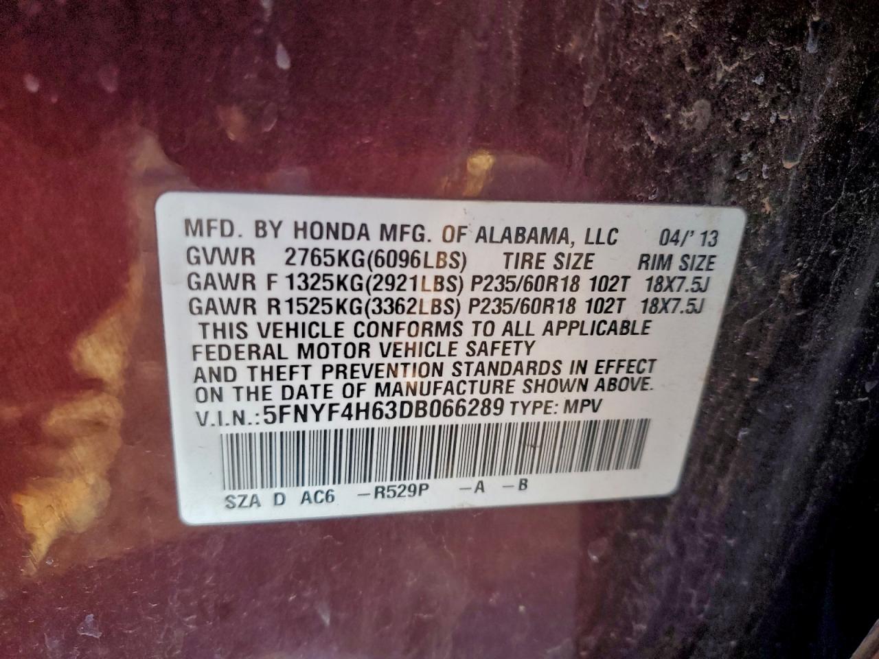 2013 Honda Pilot Exl VIN: 5FNYF4H63DB066289 Lot: 95389285