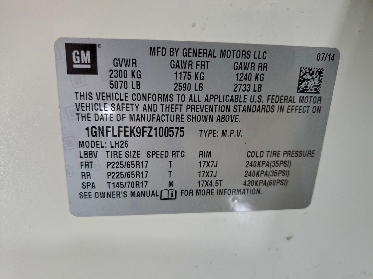 2015 Chevrolet Equinox Lt VIN: 1GNFLFEK9FZ100575 Lot: 95269815