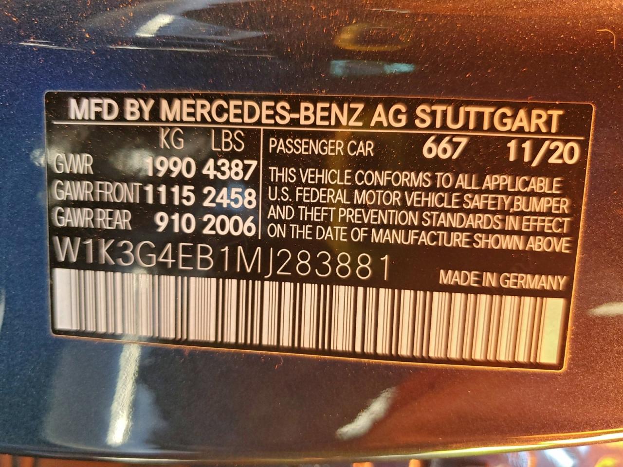 2021 Mercedes-Benz A 220 VIN: W1K3G4EB1MJ283881 Lot: 94623475