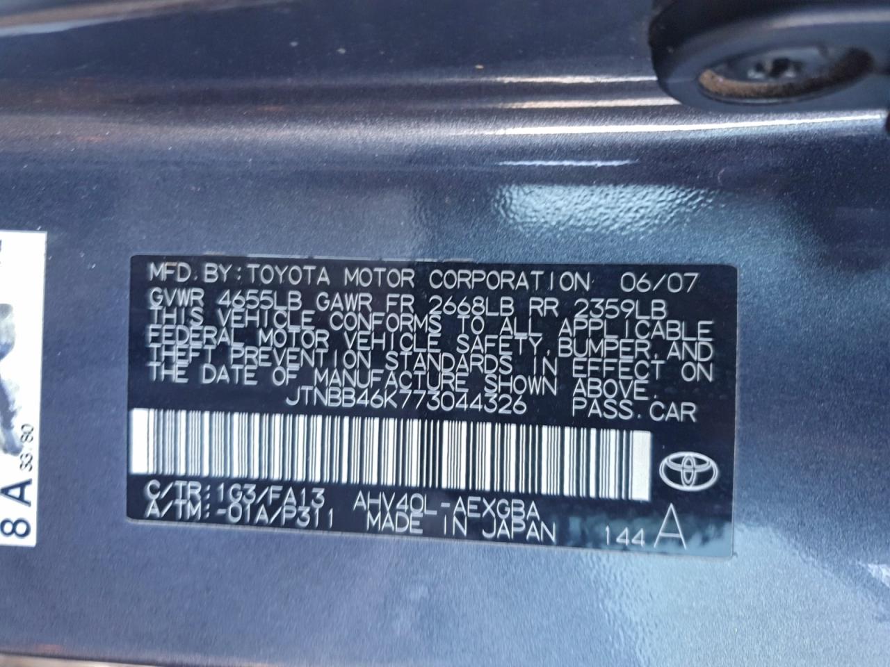 2007 Toyota Camry Hybrid VIN: JTNBB46K773044326 Lot: 97427115