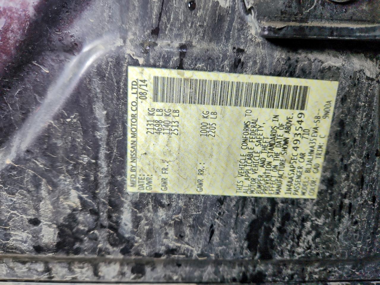 2014 Nissan Maxima S VIN: 1N4AA5AP5EC493549 Lot: 94774625