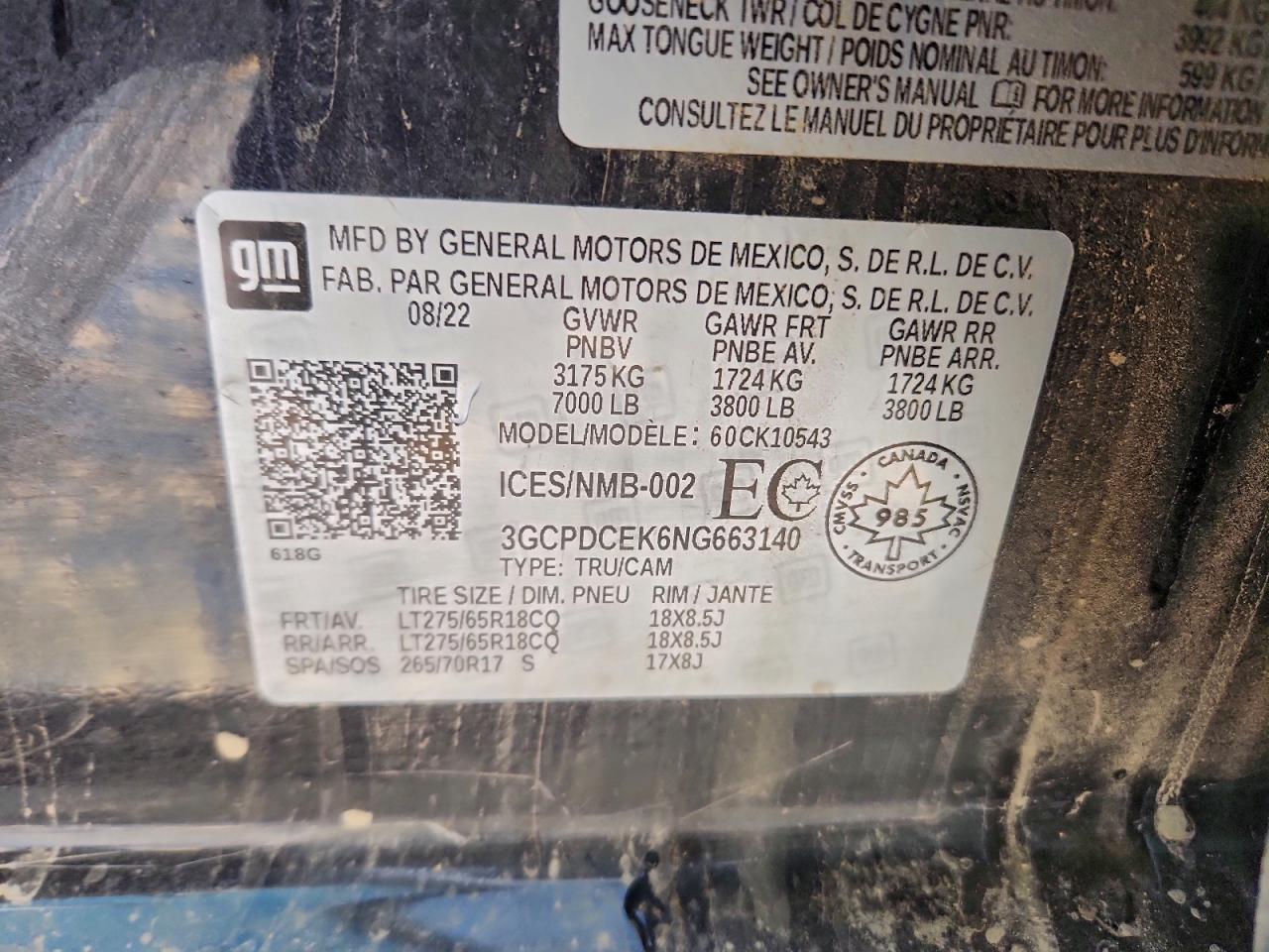 2022 Chevrolet Silverado K1500 Trail Boss Custom VIN: 3GCPDCEK6NG663140 Lot: 95386155