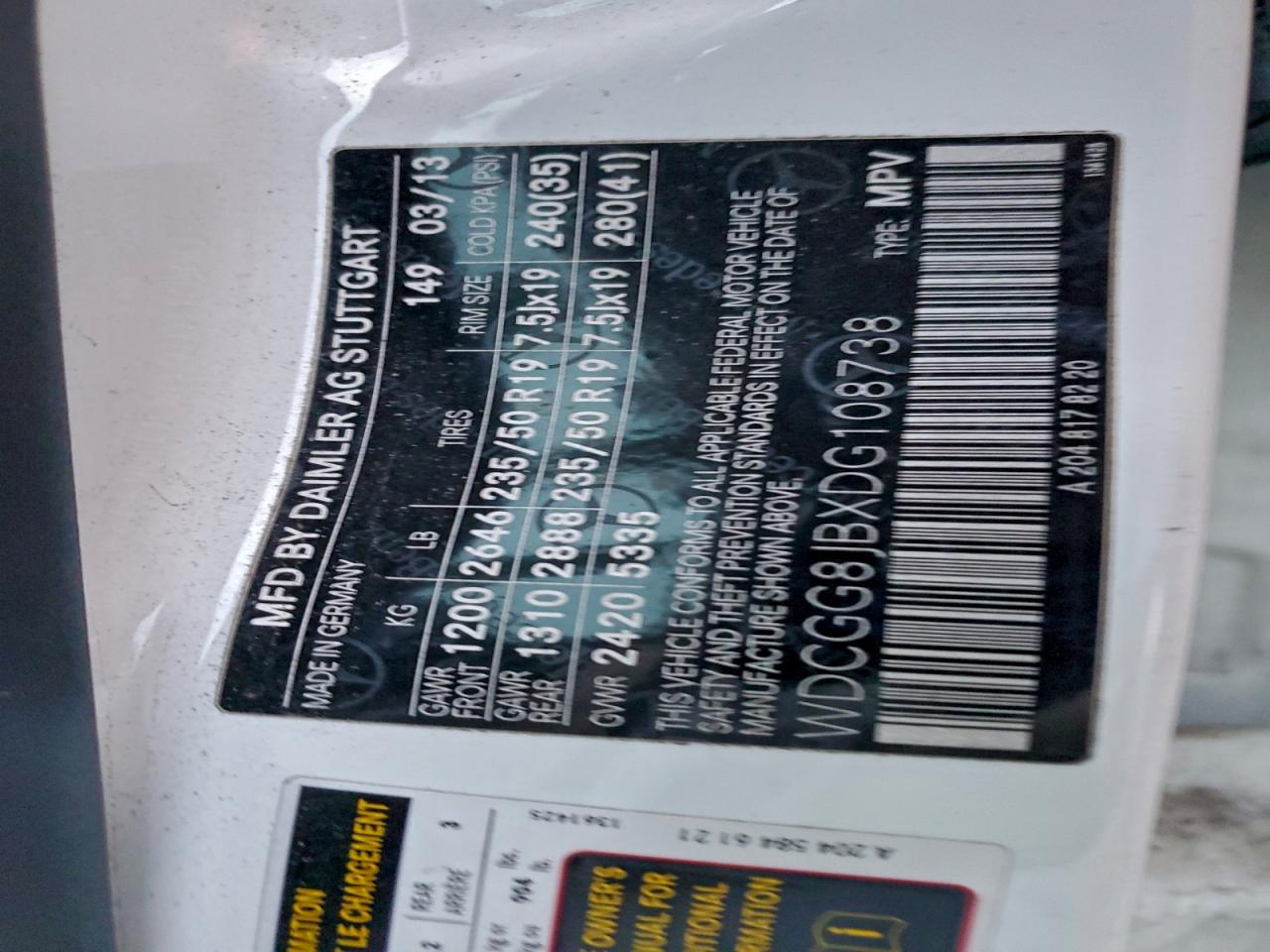 2013 Mercedes-Benz Glk 350 4Matic VIN: WDCGG8JBXDG108738 Lot: 95144195