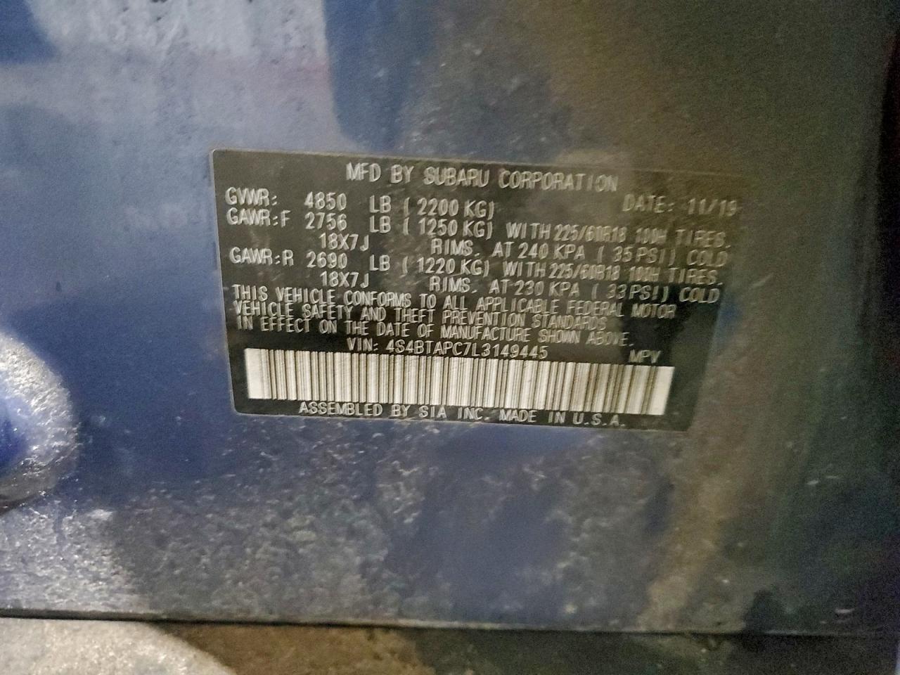 2020 Subaru Outback Touring VIN: 4S4BTAPC7L3149445 Lot: 96389365