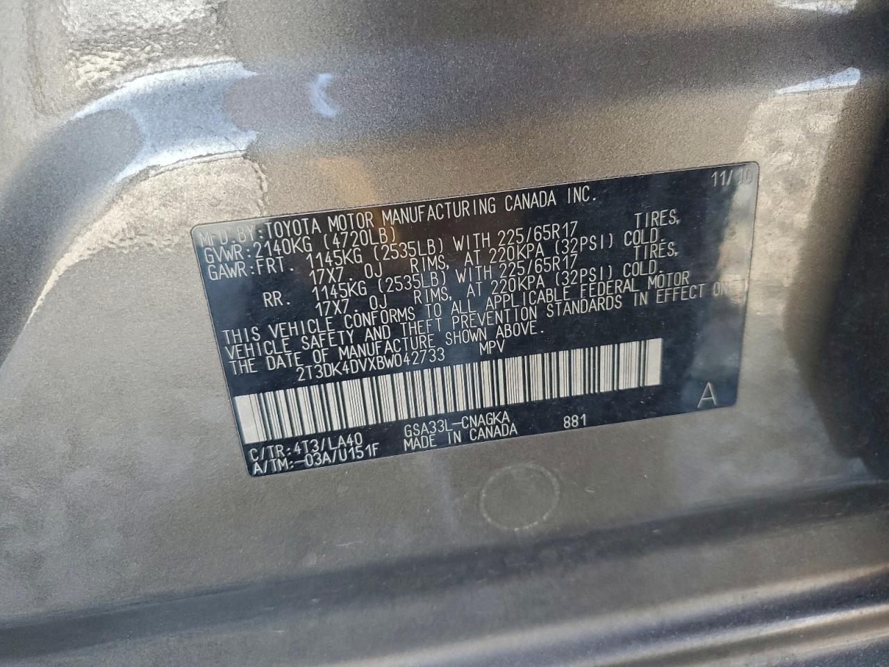 2011 Toyota Rav4 Limited VIN: 2T3DK4DVXBW042733 Lot: 94881835