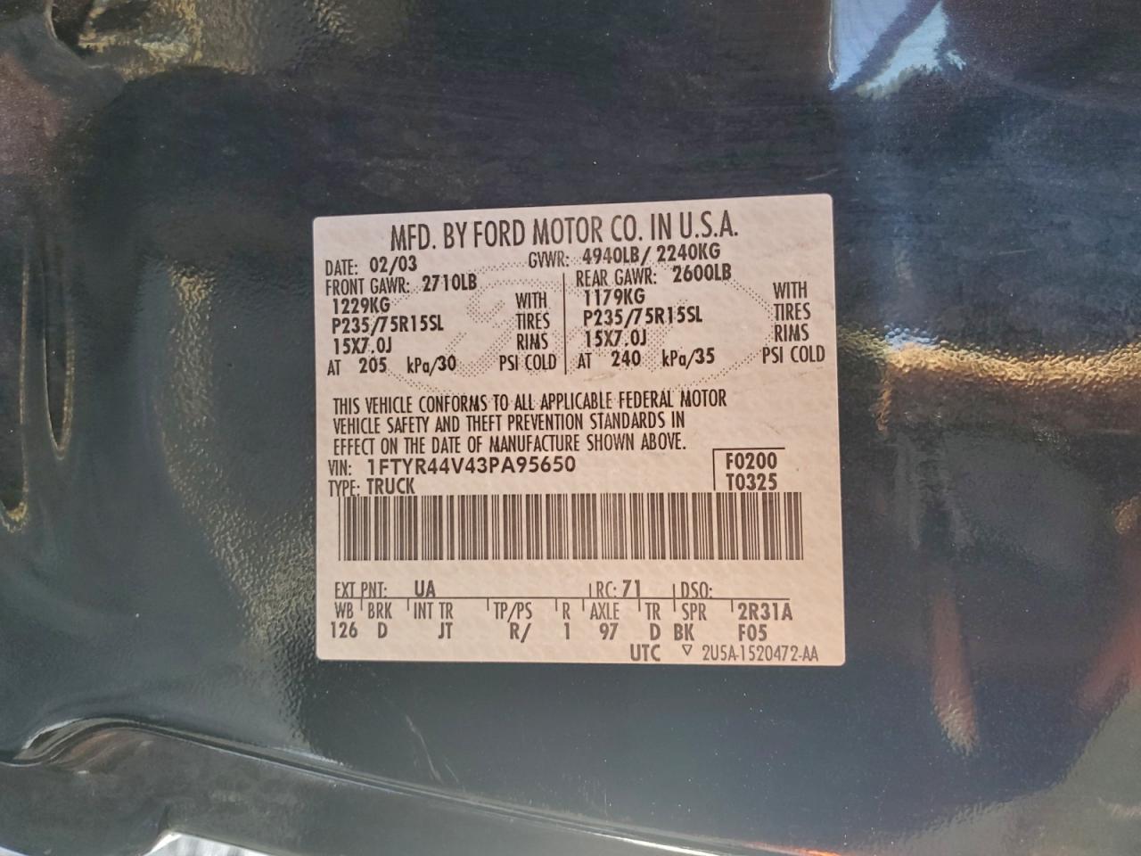 2003 Ford Ranger Super Cab VIN: 1FTYR44V43PA95650 Lot: 94832775