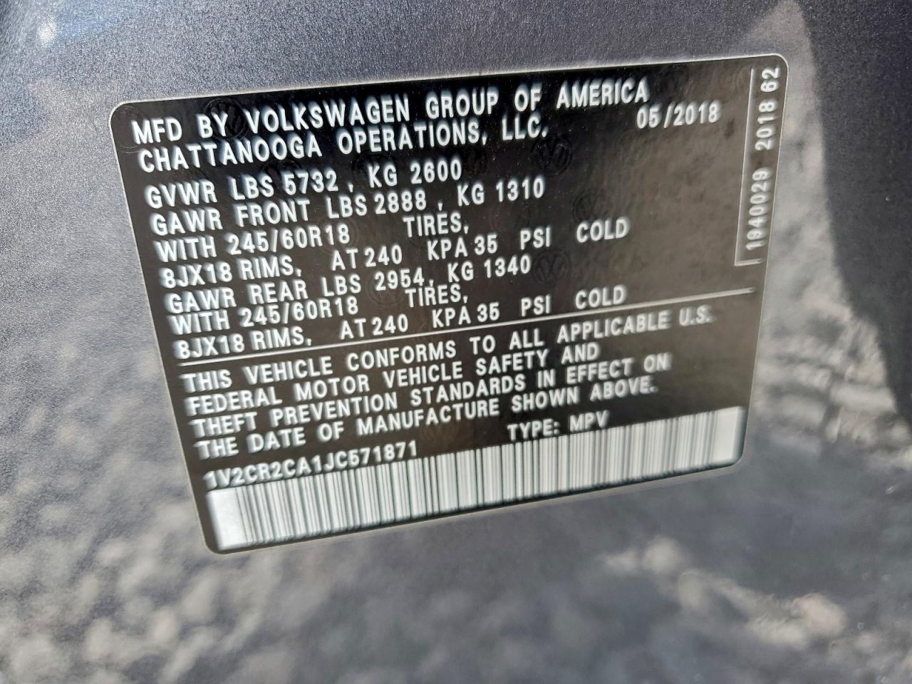 2018 Volkswagen Atlas Se VIN: 1V2CR2CA1JC571871 Lot: 96149725