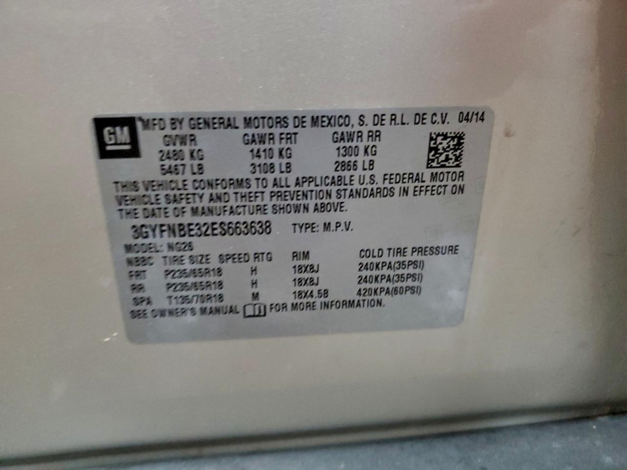 2014 Cadillac Srx Luxury Collection VIN: 3GYFNBE32ES663638 Lot: 94519585