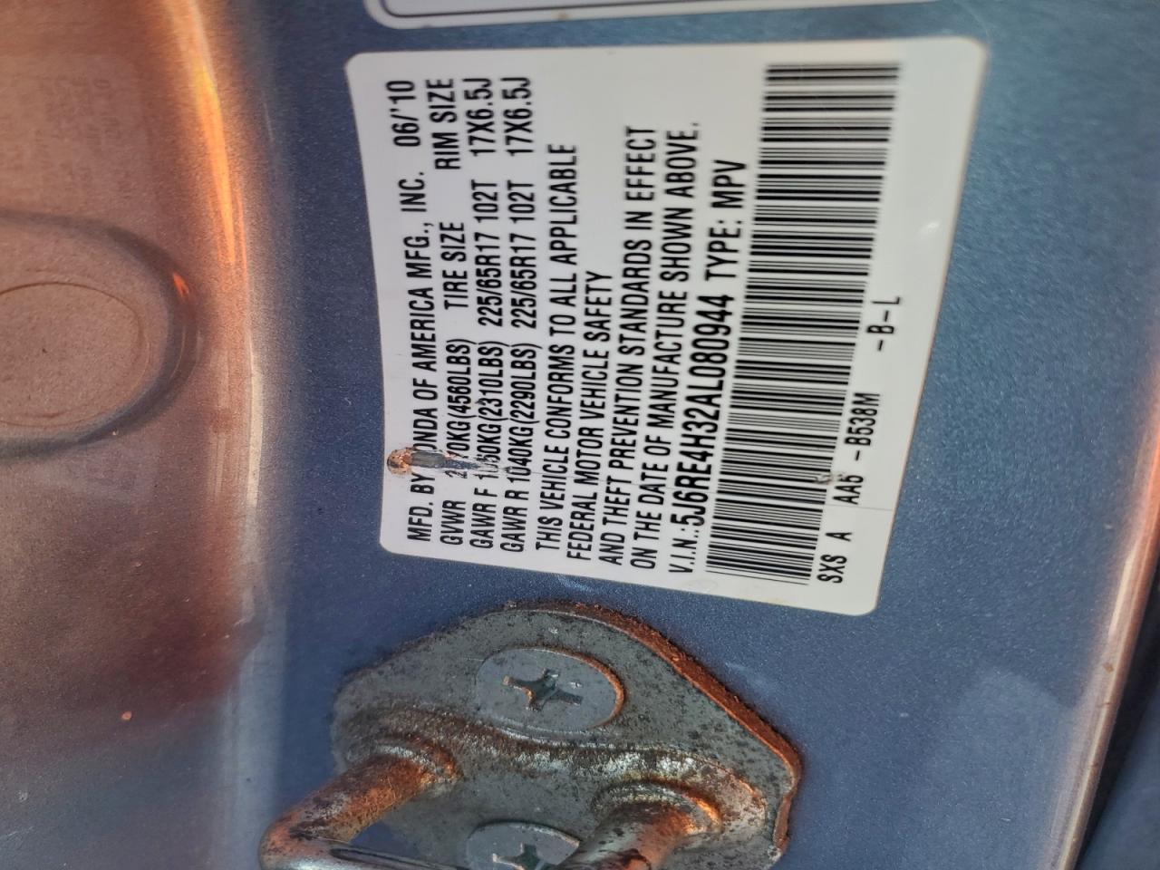 2010 Honda Cr-V Lx VIN: 5J6RE4H32AL080944 Lot: 96303475