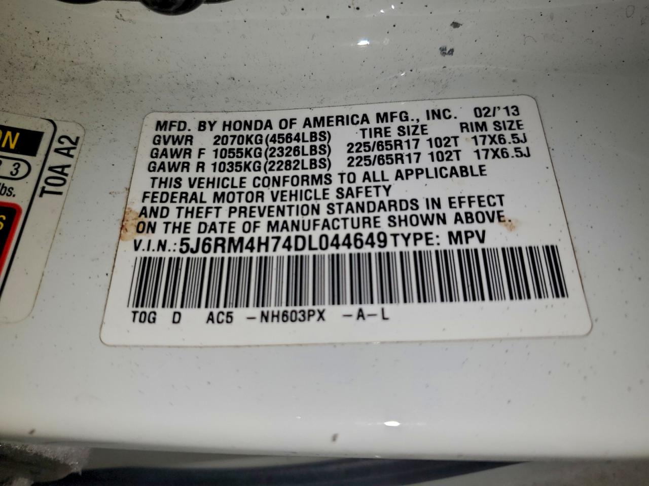 2013 Honda Cr-V Exl VIN: 5J6RM4H74DL044649 Lot: 94130415