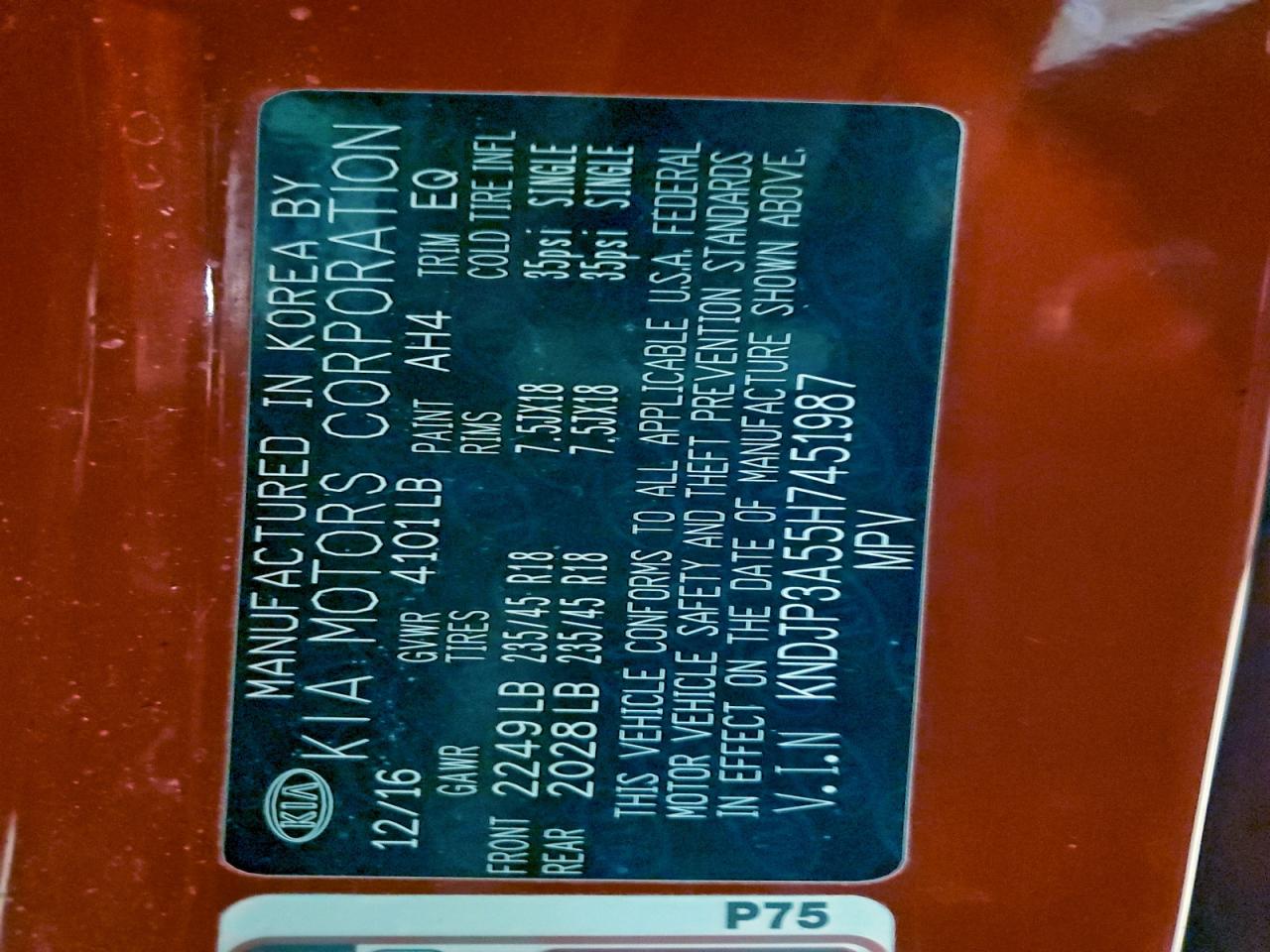 2017 Kia Soul + VIN: KNDJP3A55H7451987 Lot: 95388235