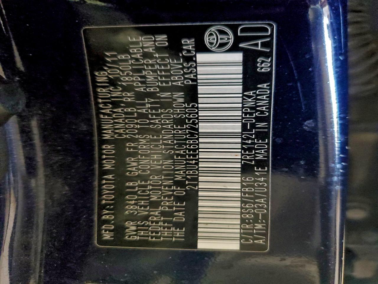 2011 Toyota Corolla Base VIN: 2T1BU4EE6BC725605 Lot: 94748005