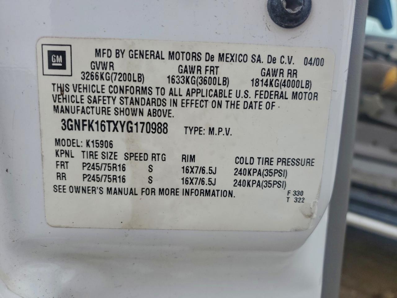 2000 Chevrolet Suburban K1500 VIN: 3GNFK16TXYG170988 Lot: 95577175