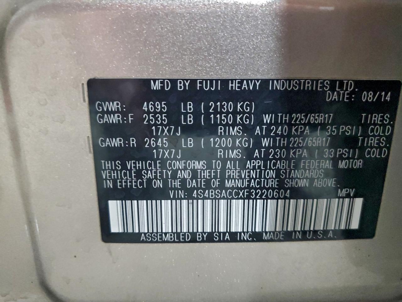 2015 Subaru Outback 2.5I Premium VIN: 4S4BSACCXF3220604 Lot: 96253605