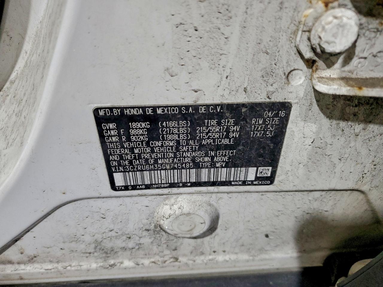 2016 Honda Hr-V Lx VIN: 3CZRU6H35GM745485 Lot: 95899535