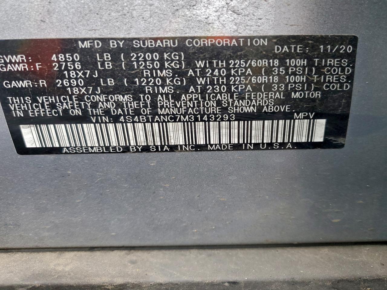 2021 Subaru Outback Limited VIN: 4S4BTANC7M3143293 Lot: 94925505