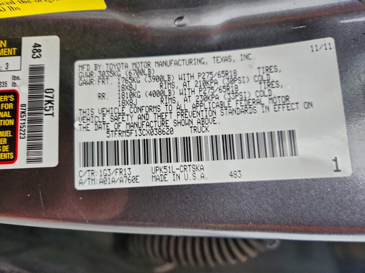 2012 Toyota Tundra Double Cab Sr5 VIN: 5TFRM5F13CX038620 Lot: 94996255