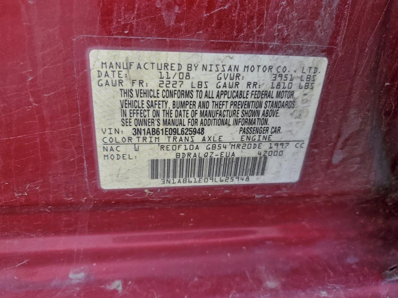 2009 Nissan Sentra 2.0 VIN: 3N1AB61E09L625948 Lot: 95032285