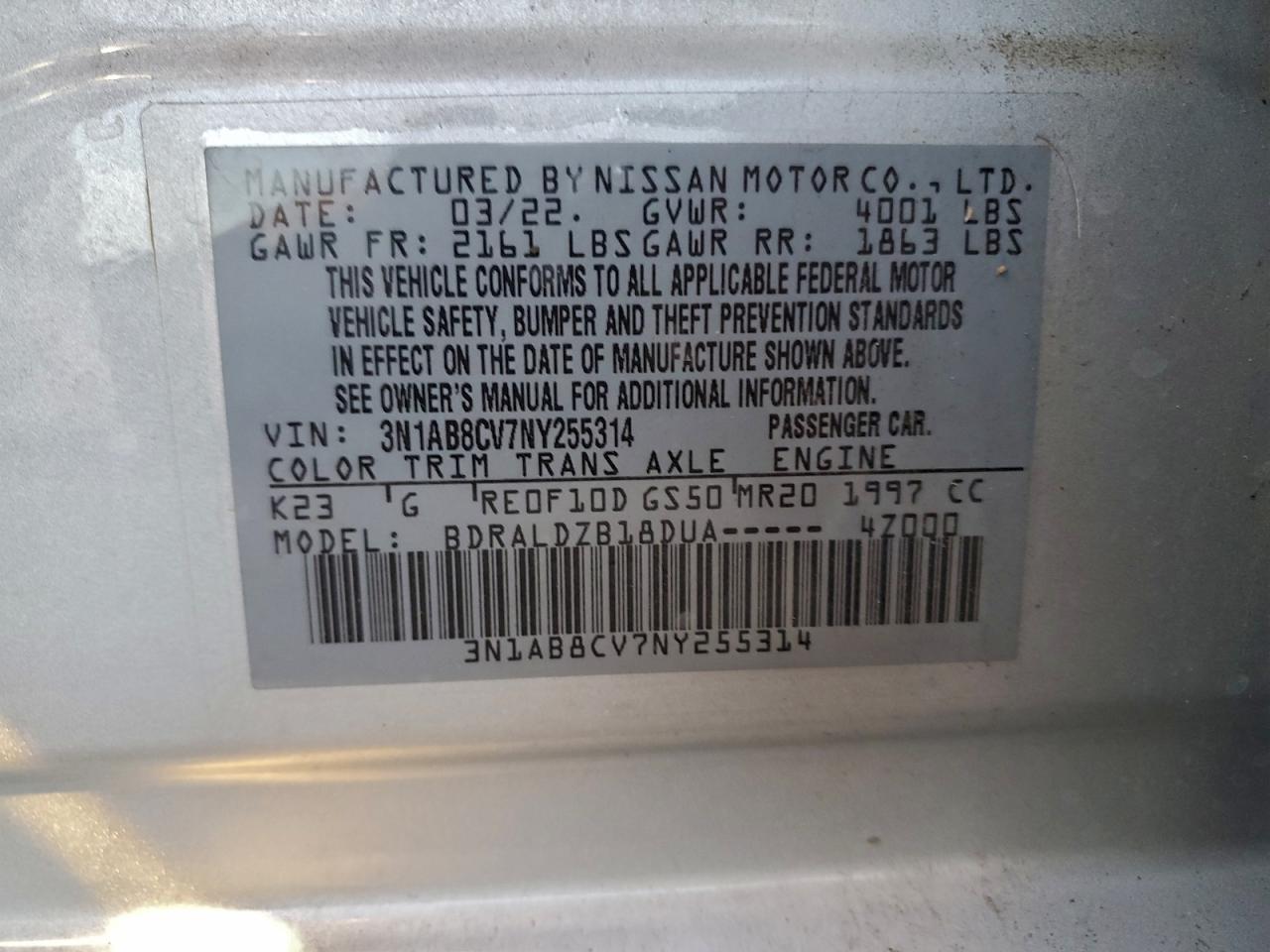 2022 Nissan Sentra Sv VIN: 3N1AB8CV7NY255314 Lot: 94395485