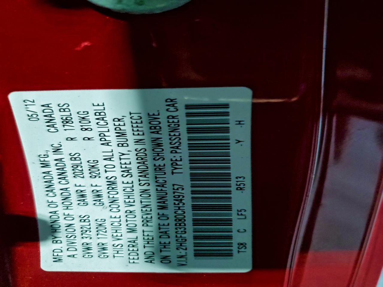 2012 Honda Civic Ex VIN: 2HGFG3B80CH549757 Lot: 96221665