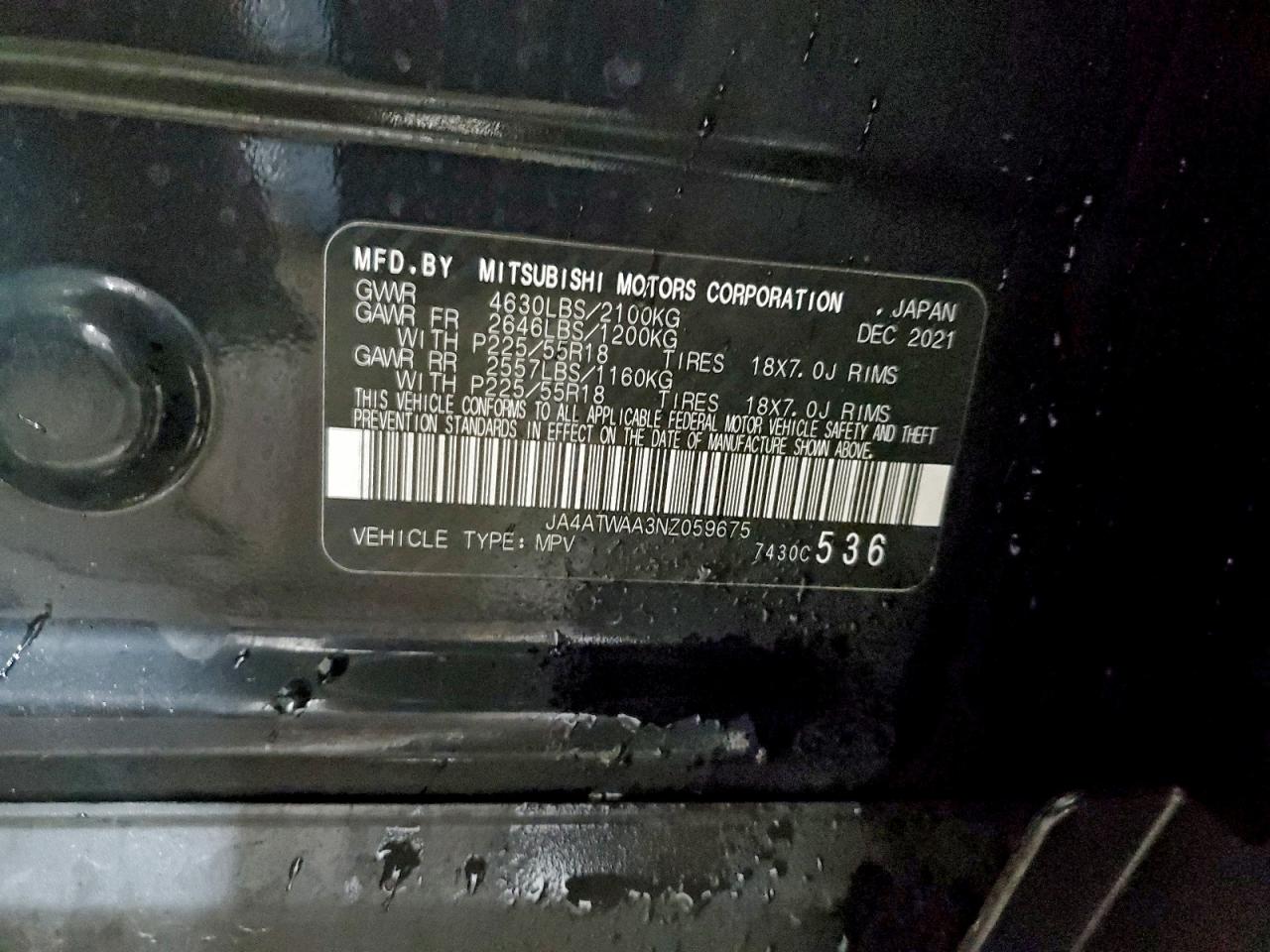 2022 Mitsubishi Eclipse Cross Se VIN: JA4ATWAA3NZ059675 Lot: 94652755