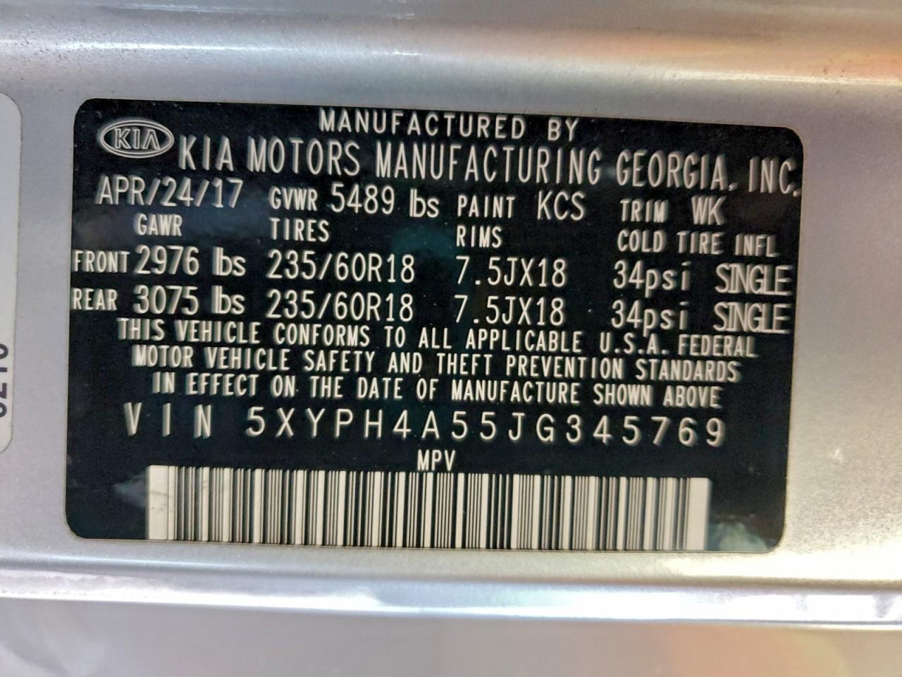 2018 Kia Sorento Ex VIN: 5XYPH4A55JG345769 Lot: 95910315