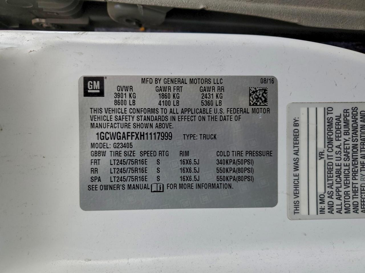 2017 Chevrolet Express Delivery Van VIN: 1GCWGAFFXH1117999 Lot: 96087725