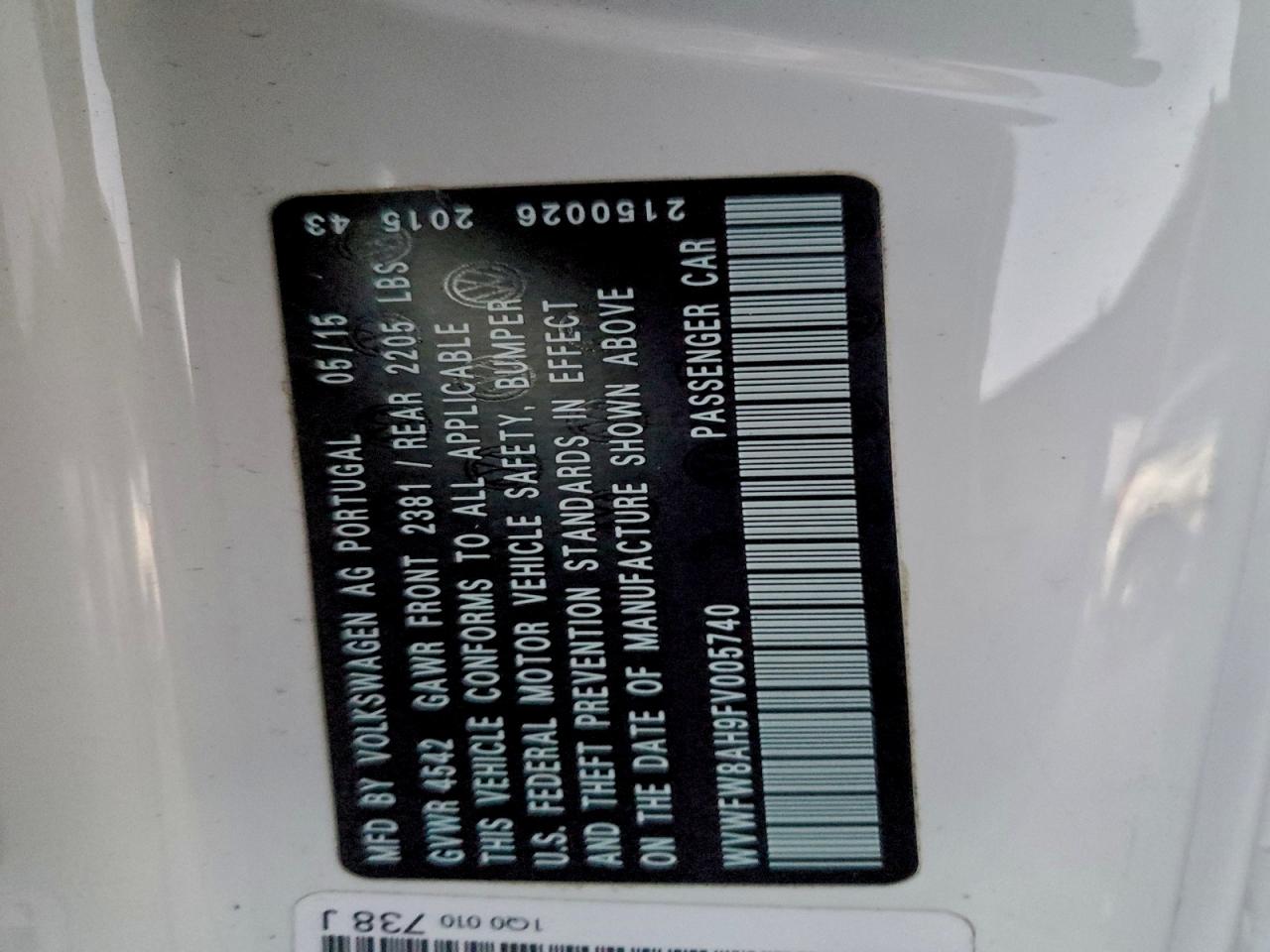 2015 Volkswagen Eos Lux VIN: WVWFW8AH9FV005740 Lot: 94659335