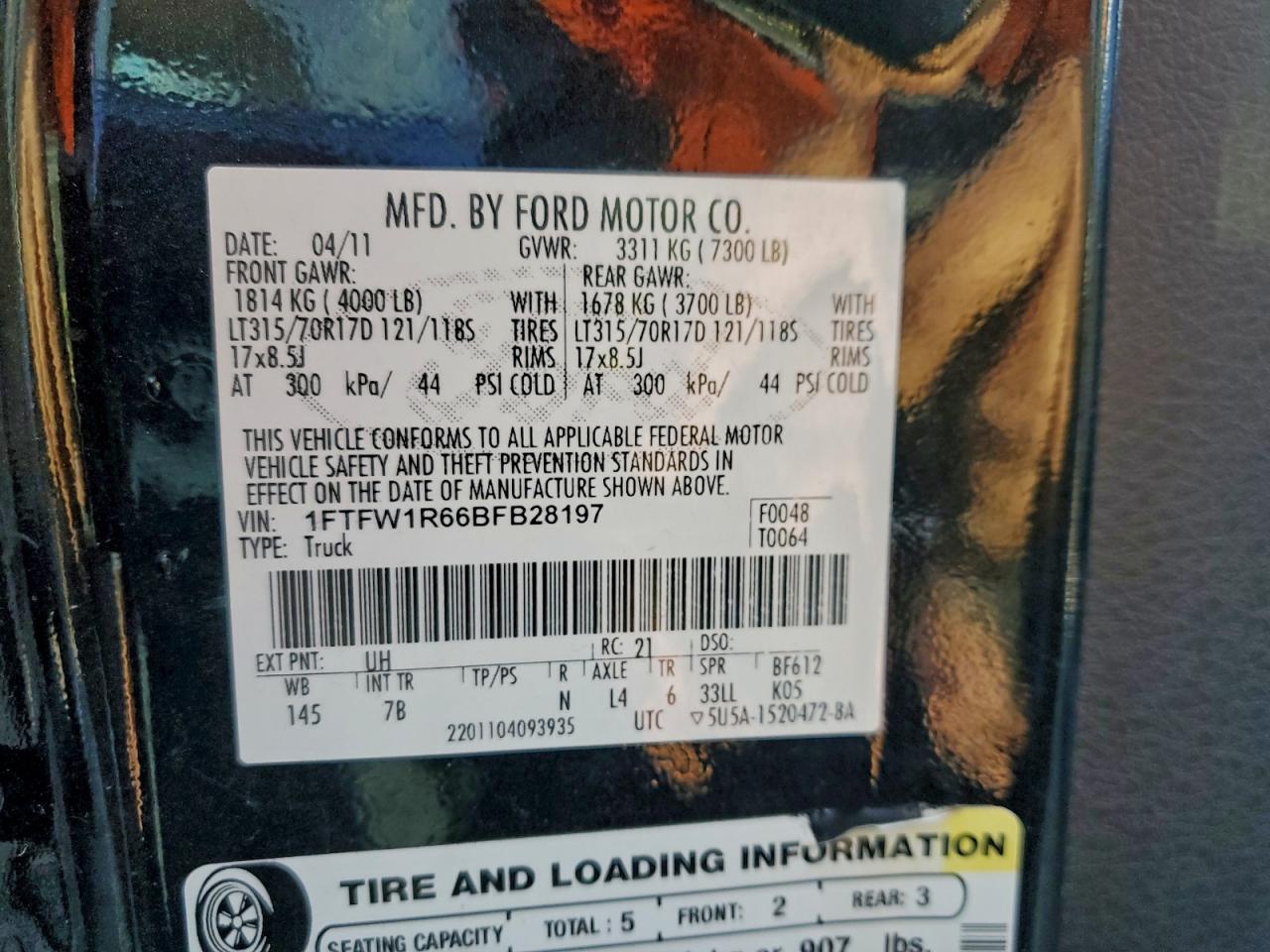 2011 Ford F150 Svt Raptor VIN: 1FTFW1R66BFB28197 Lot: 96116555