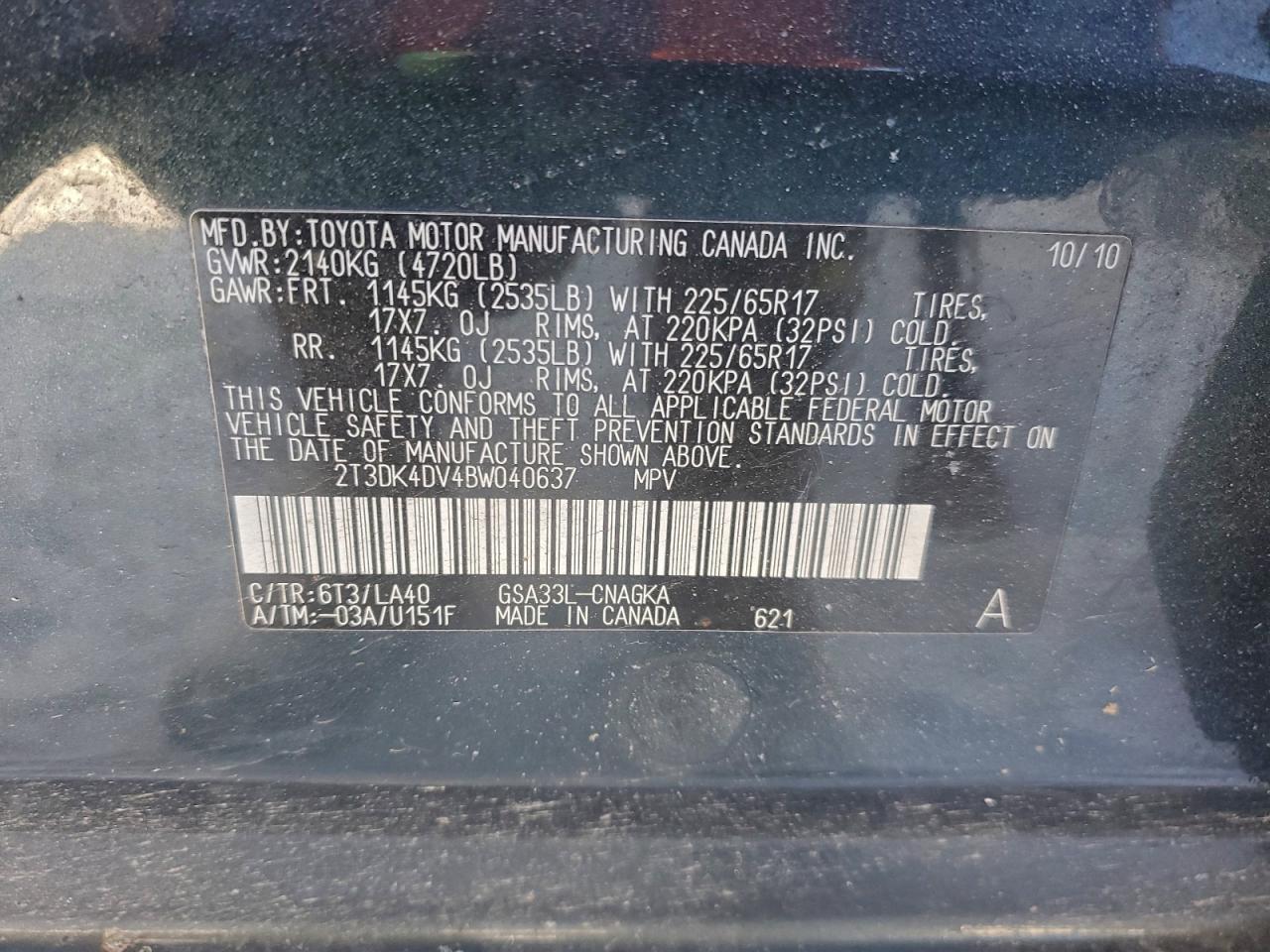 2011 Toyota Rav4 Limited VIN: 2T3DK4DV4BW040637 Lot: 95695925