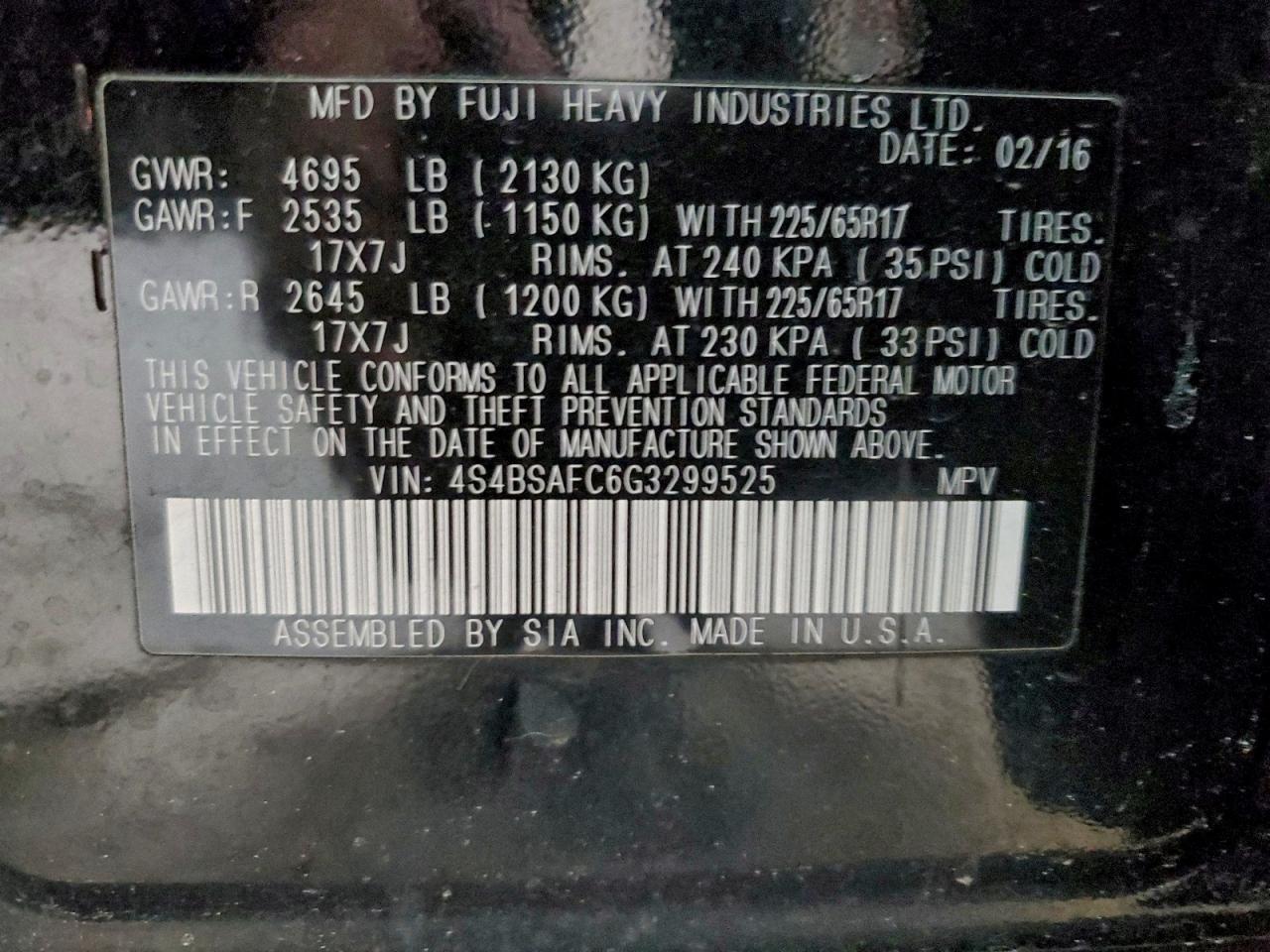 2016 Subaru Outback 2.5I Premium VIN: 4S4BSAFC6G3299525 Lot: 96047035