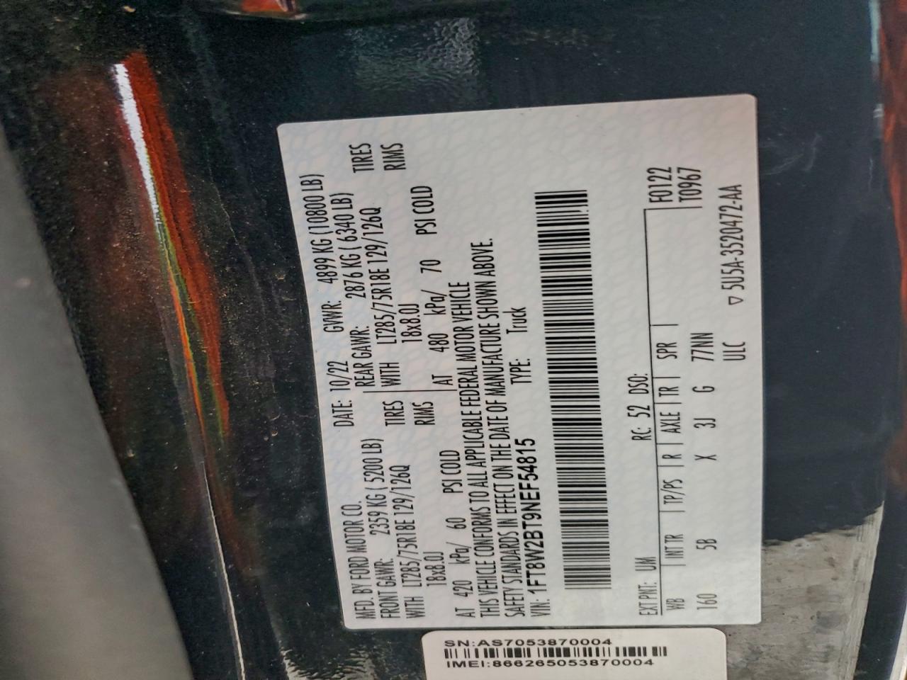 2022 Ford F250 Super Duty VIN: 1FT8W2BT9NEF54815 Lot: 93999215