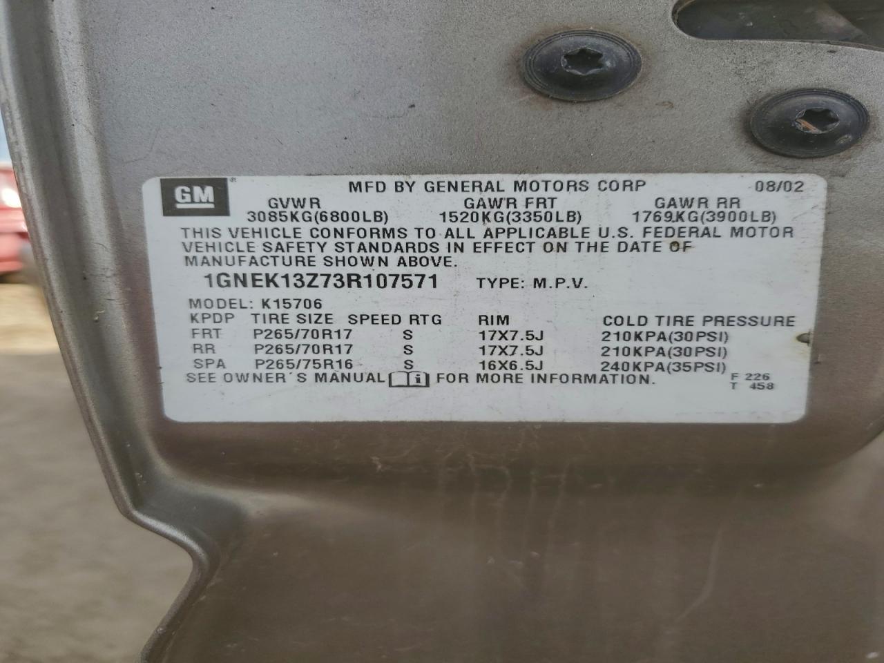 2003 Chevrolet Tahoe K1500 VIN: 1GNEK13Z73R107571 Lot: 95852505