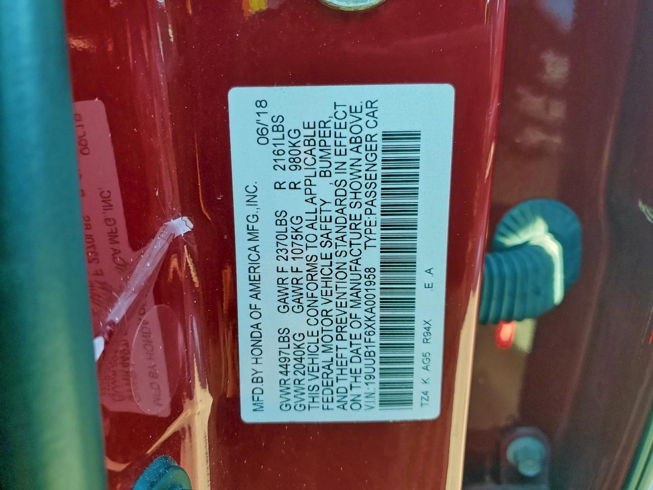 2019 Acura Tlx Technology VIN: 19UUB1F6XKA001958 Lot: 95456085