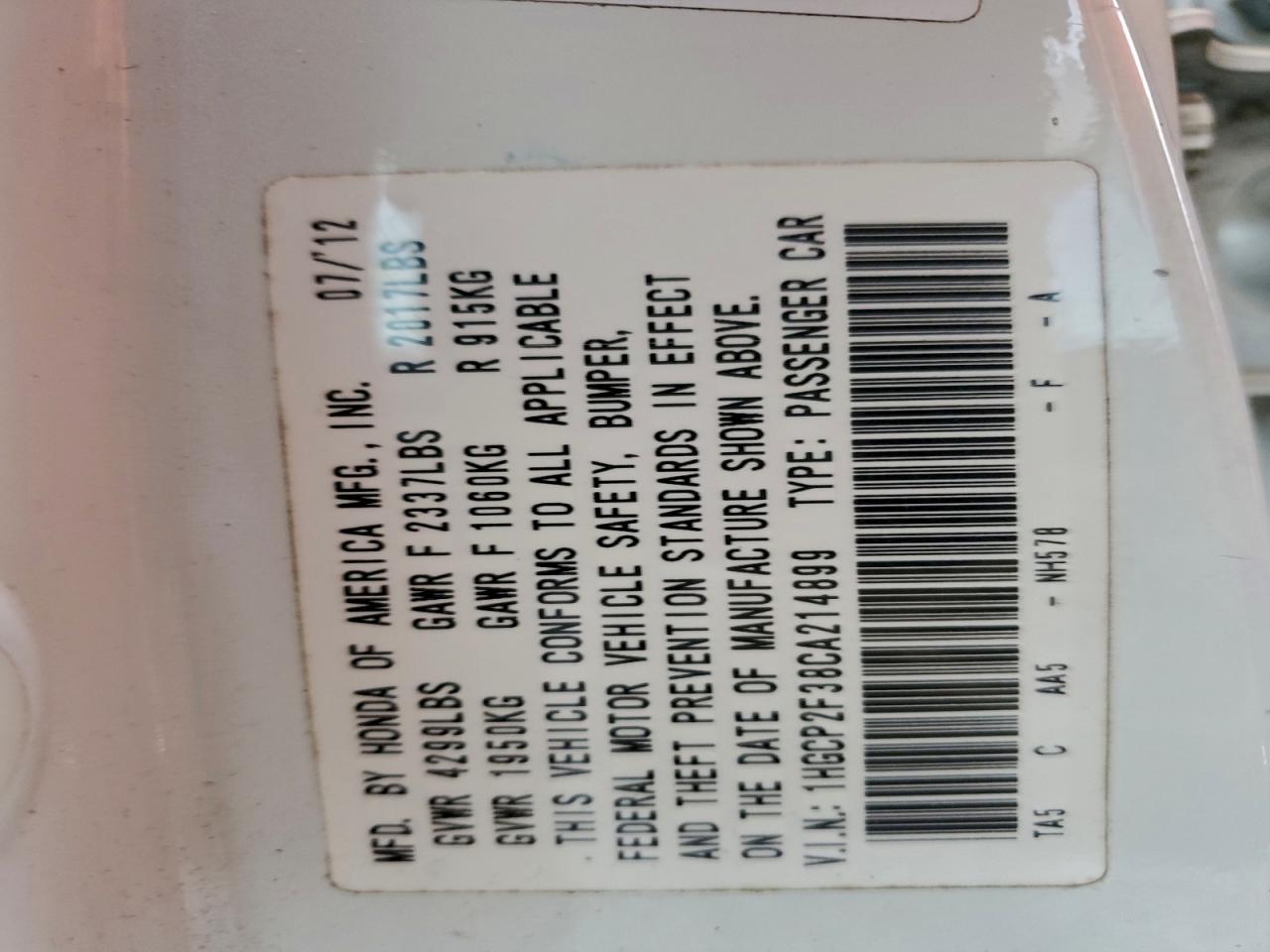 2012 Honda Accord Lx VIN: 1HGCP2F38CA214899 Lot: 94031385