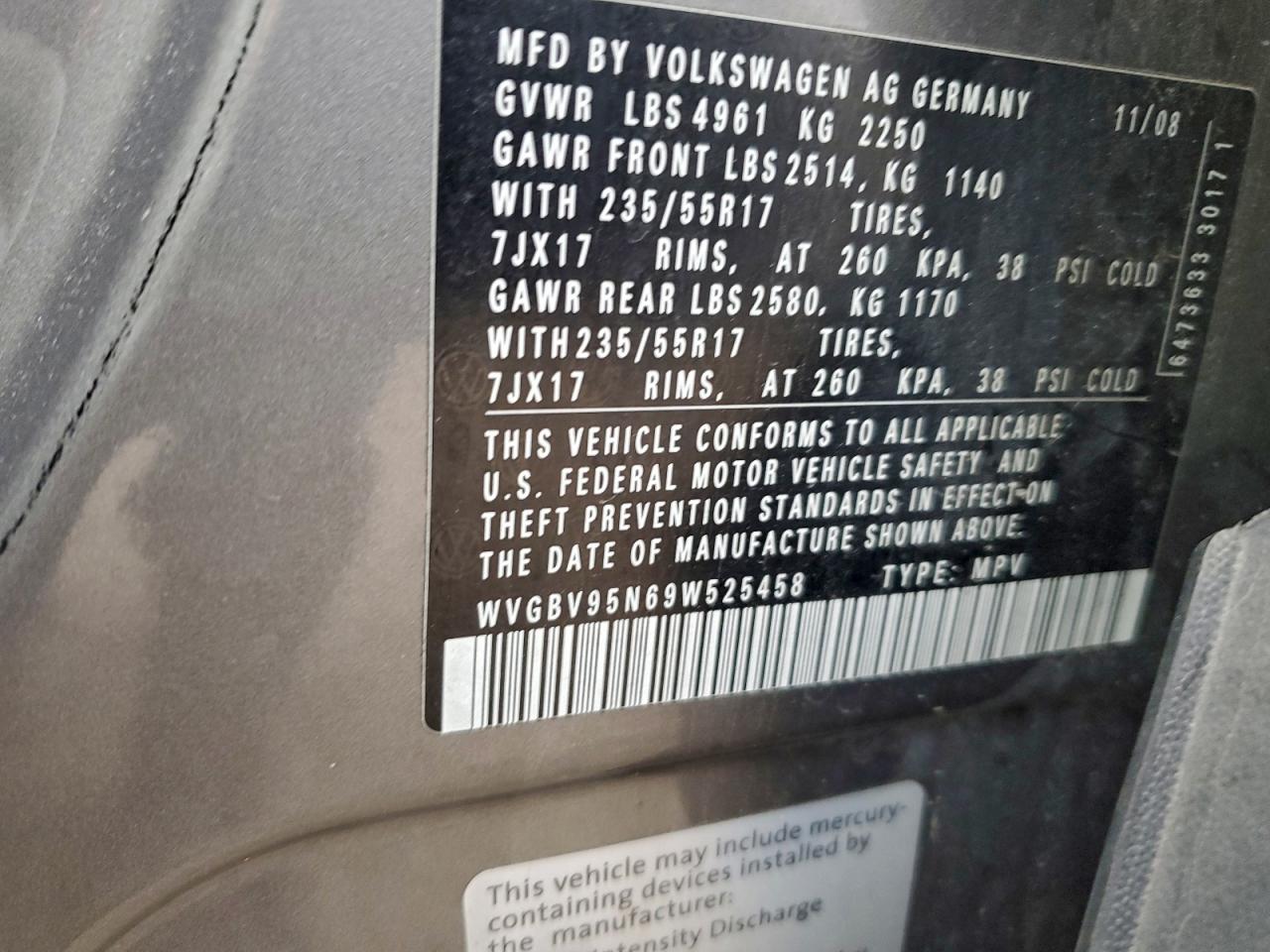 2009 Volkswagen Tiguan Se VIN: WVGBV95N69W525458 Lot: 95287685