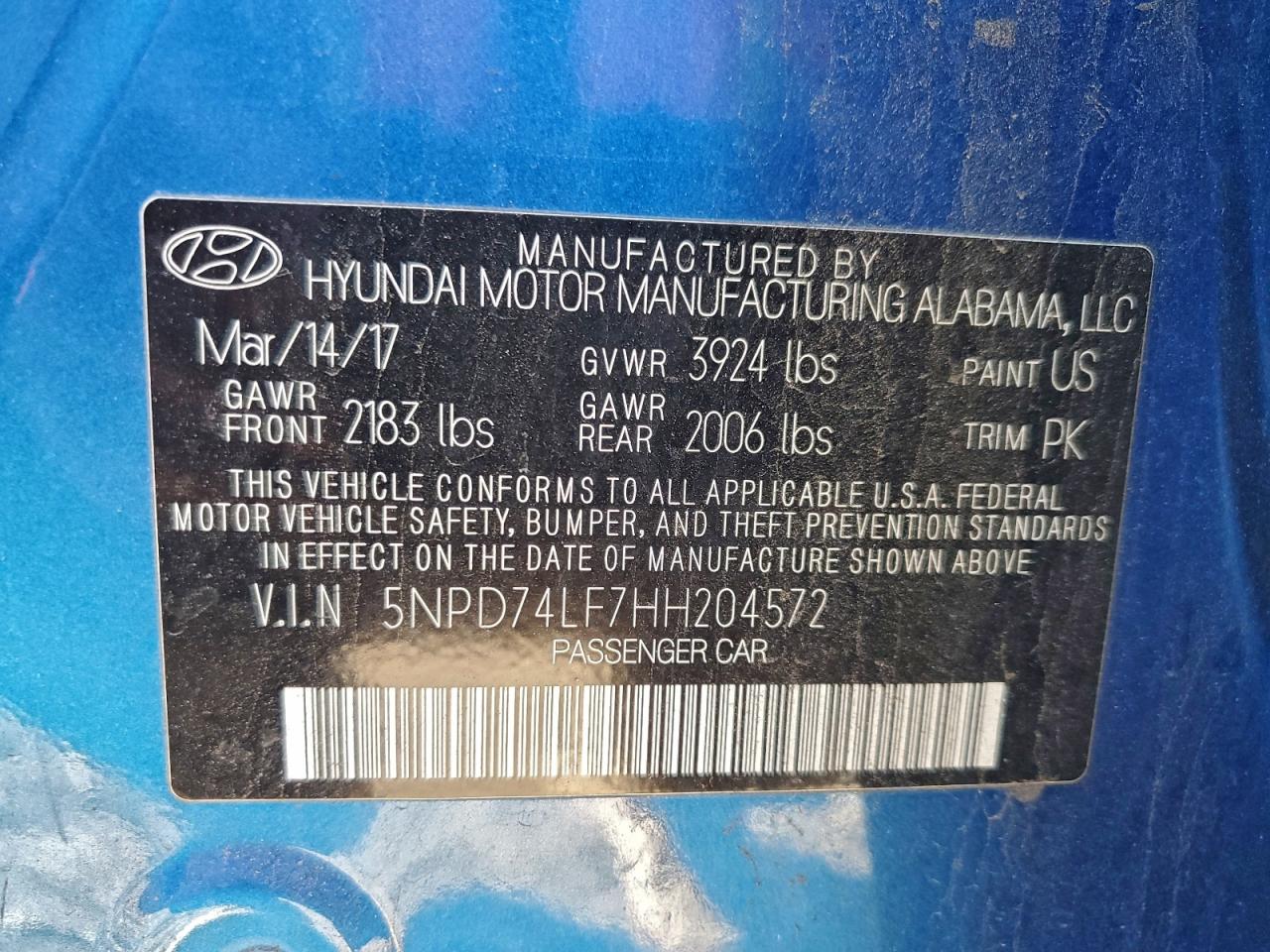 2017 Hyundai Elantra Se VIN: 5NPD74LF7HH204572 Lot: 96300635
