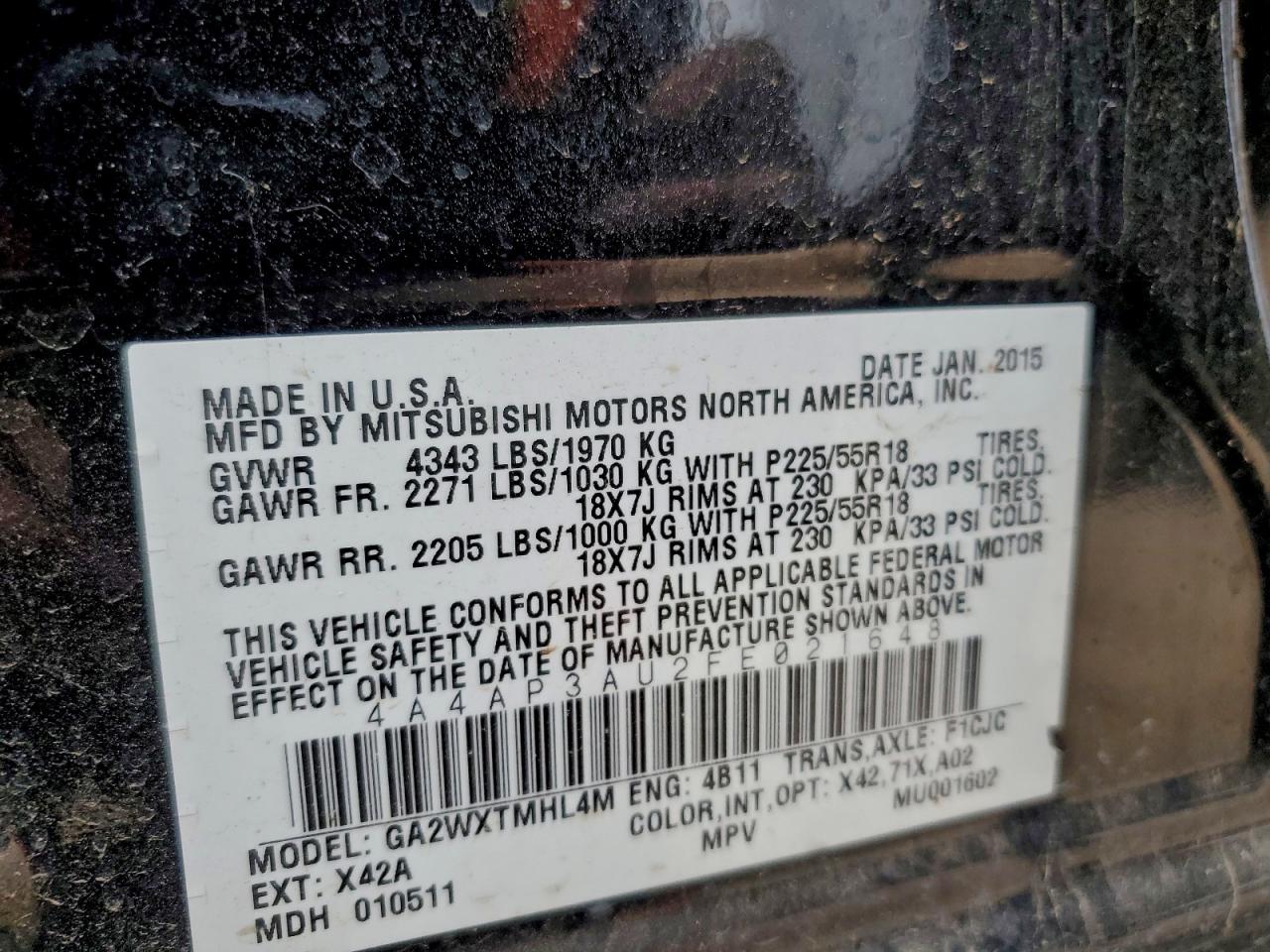 2015 Mitsubishi Outlander Sport Es VIN: 4A4AP3AU2FE021648 Lot: 95105465