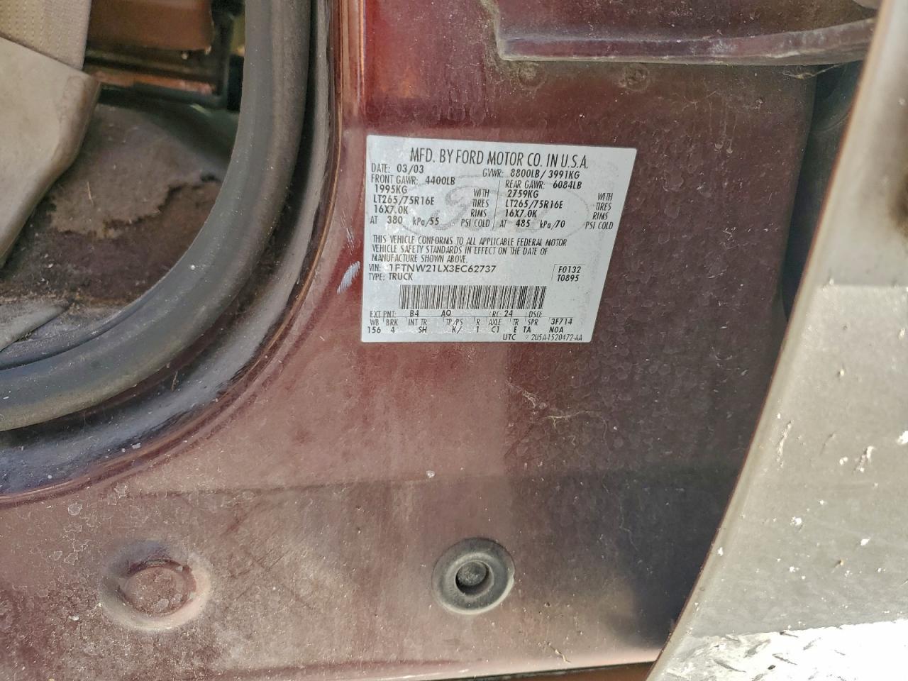 2003 Ford F250 Super Duty VIN: 1FTNW21LX3EC62737 Lot: 96249135