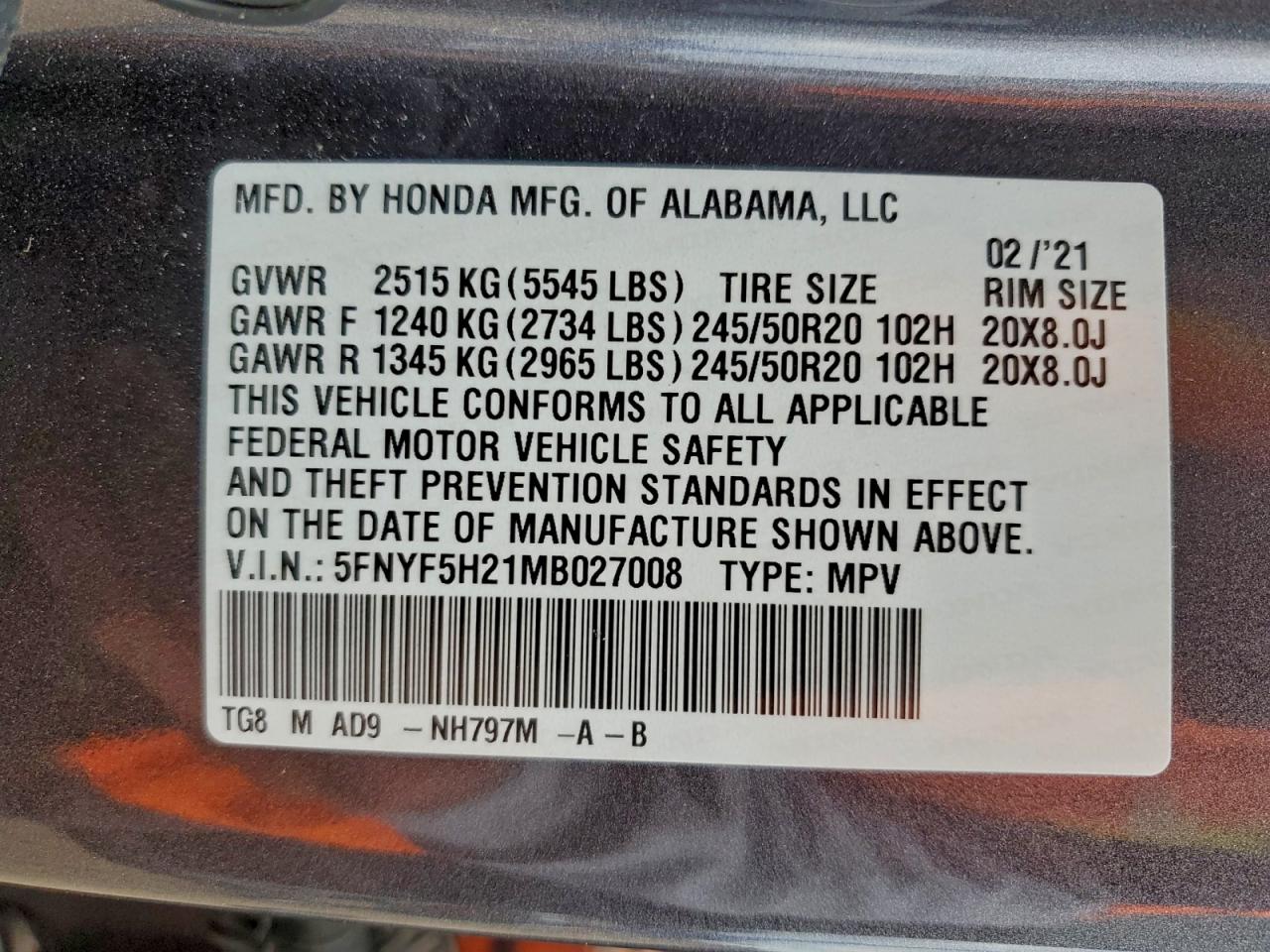 2021 Honda Pilot Se VIN: 5FNYF5H21MB027008 Lot: 95888145
