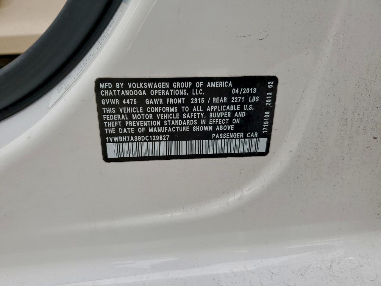 2013 Volkswagen Passat Se VIN: 1VWBH7A39DC129827 Lot: 96284565