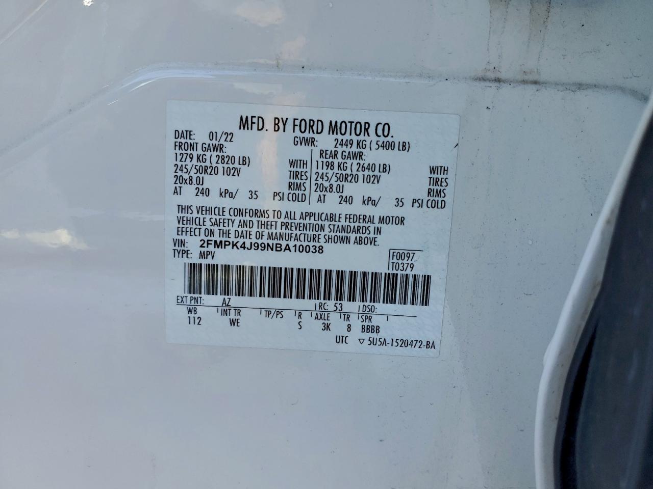 2022 Ford Edge Sel VIN: 2FMPK4J99NBA10038 Lot: 94219835