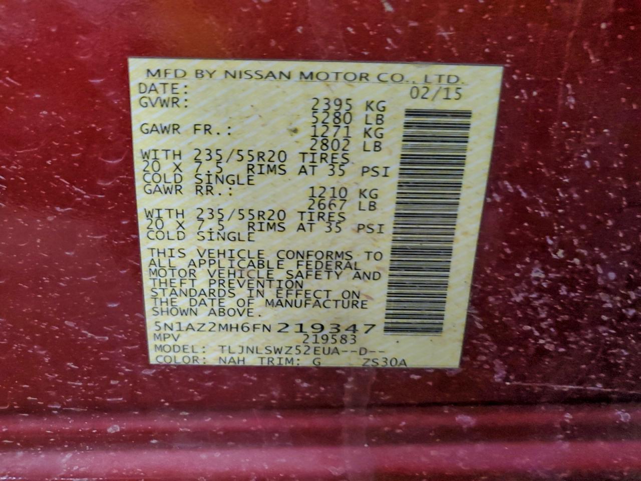 2015 Nissan Murano S VIN: 5N1AZ2MH6FN219347 Lot: 95138875